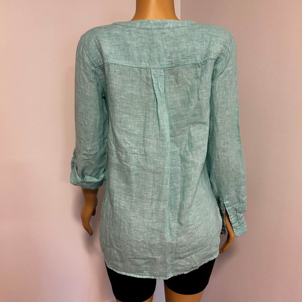 TALBOTS Women's Aqua Blue Linen Blend V Neck Roll Tab Sleeve Shirt Top Size S - Picture 3 of 6